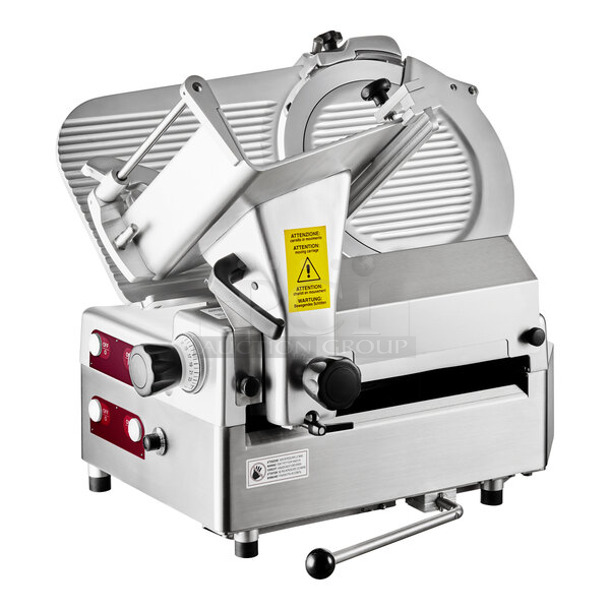 BRAND NEW SCRATCH AND DENT! Estella 348SLA13 Stainless Steel Commercial Countertop Automatic Meat Slicer w/ Blade Sharpener. 120 Volts, 1 Phase. Tested and Powers On But Parts Do Not Move
 - Image 1 of 8