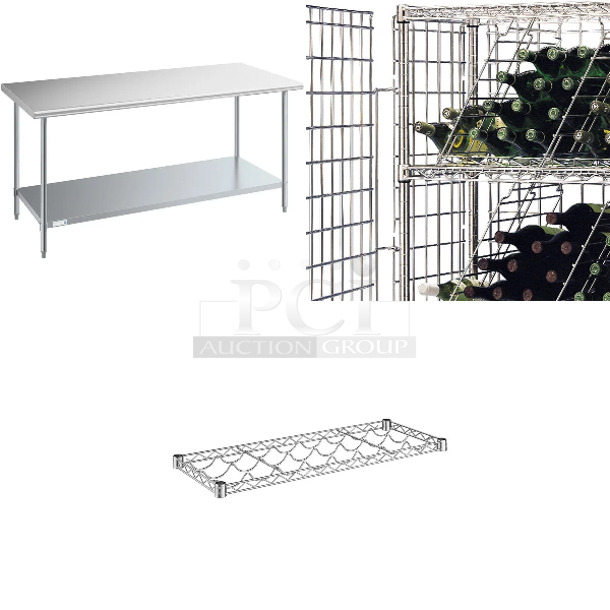3 BRAND NEW SCRATCH AND DENT! Items Including Metro EP28C 13" x 75" End Enclosure Panel, Steelton 522ETSG30 30" x 72" 18 Gauge 430 Stainless Steel Work Table with Undershelf, Regency 460ECWIN1446 14" x 36" 8-Bottle Wire Wine Shelf. 3 Times Your Bid!  - Image 1 of 5