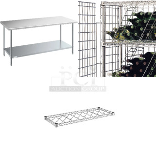 3 BRAND NEW SCRATCH AND DENT! Items Including Metro EP28C 13" x 75" End Enclosure Panel, Steelton 522ETSG30 30" x 72" 18 Gauge 430 Stainless Steel Work Table with Undershelf, Regency 460ECWIN1446 14" x 36" 8-Bottle Wire Wine Shelf. 3 Times Your Bid! 