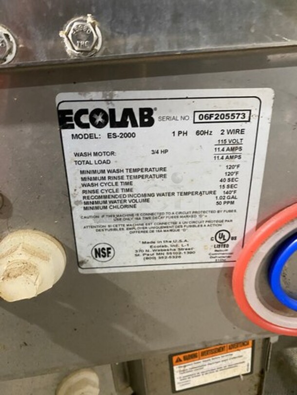 Jackson Ecolab Commercial Pass-Through Dishwasher Machine! All Stainless Steel! On Legs! Model: ES200 SN: 06F205573 115V 60HZ 1 Phase - Image 9 of 10