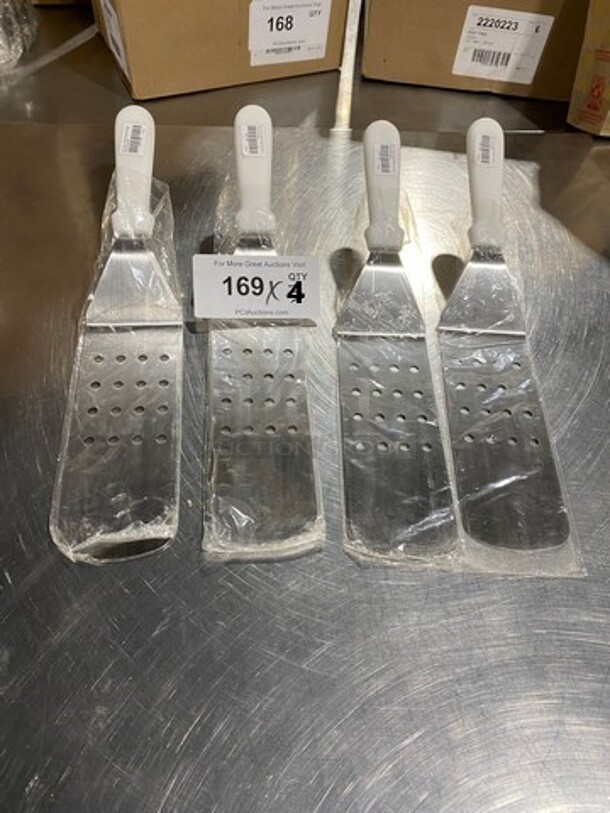NEW! Metal Perforated Griddle Spatula! With White Poly Handle! 4x Your Bid!