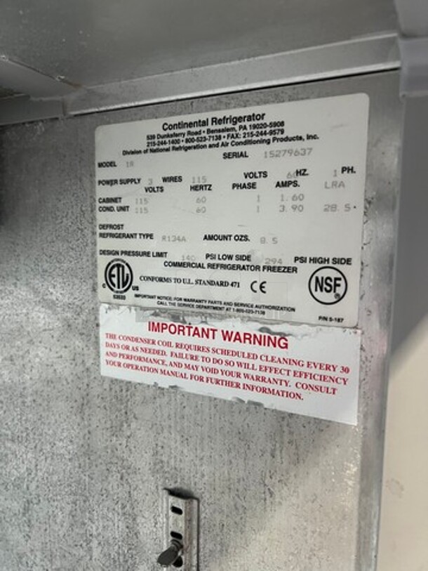 Continental Commercial Single Door Reach In Cooler! All Stainless Steel! On Casters! Model: 1R SN: 15279637 115V 60HZ 1 Phase - Image 9 of 9