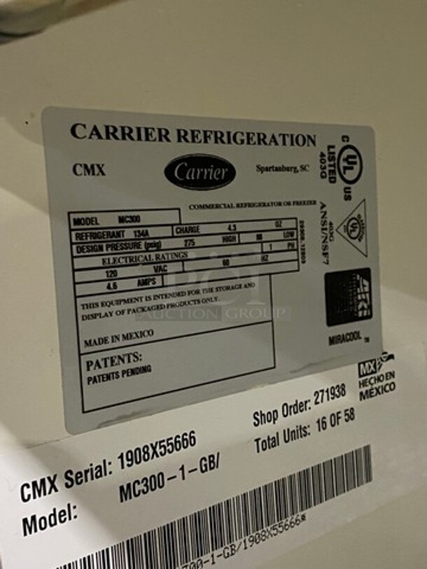 Carrier Commercial Single Door Reach In Cooler Merchandiser! With View Through Door! Poly Coated Racks! Model: MC300 SN: 1908X55666 120V 60HZ 1 Phase - Image 7 of 8