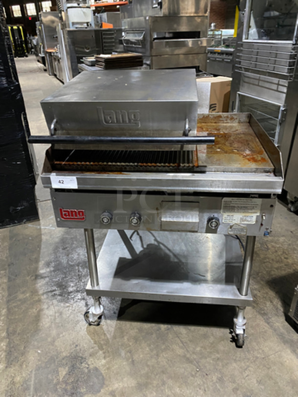 NICE! Lang Natural Gas Powered Groove Panini Style Grill/Flat Griddle Combo! With Underneath Storage Space! All Stainless Steel! On Casters! Model: GGB36TIB SN: D99475