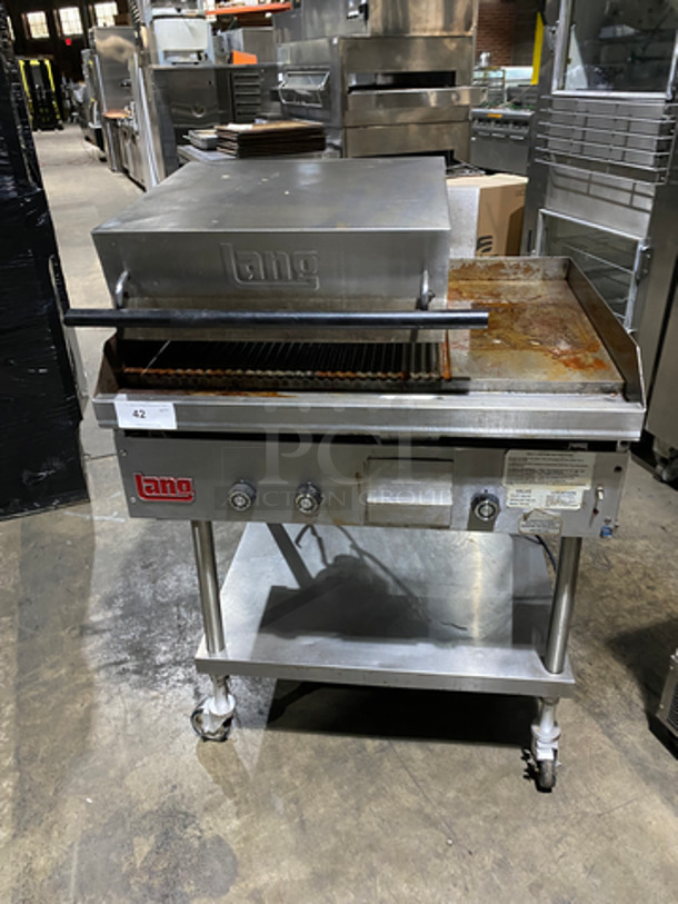 NICE! Lang Natural Gas Powered Groove Panini Style Grill/Flat Griddle Combo! With Underneath Storage Space! All Stainless Steel! On Casters! Model: GGB36TIB SN: D99475 - Image 1 of 11