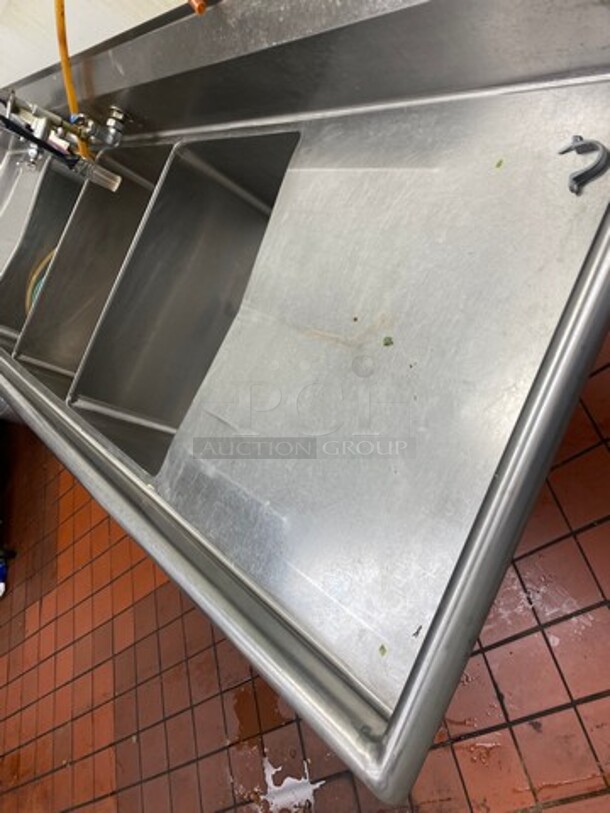 Commercial 3 Compartment Dish Washing Sink! With Dual Side Drain Board! With Back Splash! With Jet Spray, Faucet And Handles! All Stainless Steel! On Legs! - Image 6 of 8