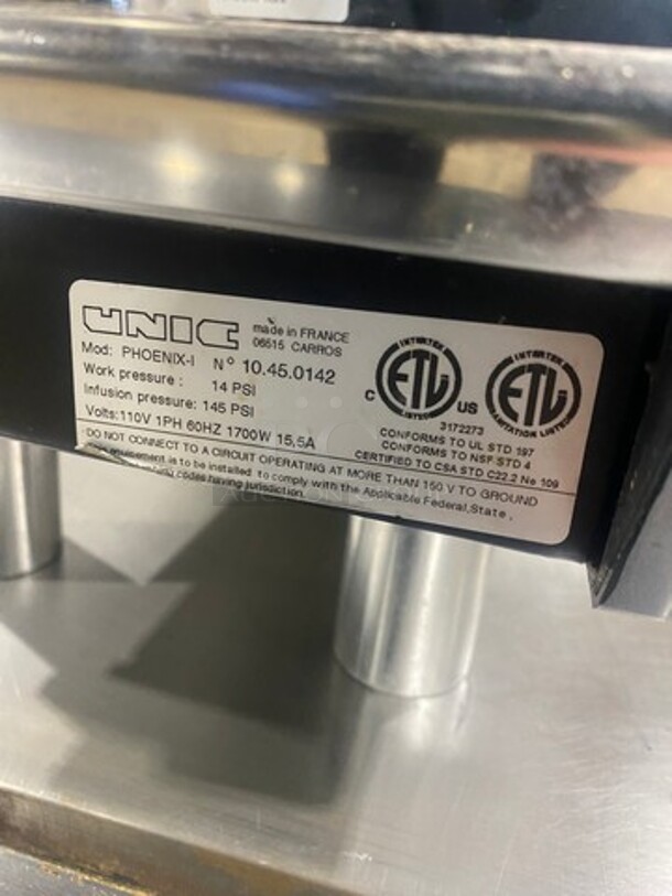 Unic Commercial Countertop Single Group Espresso Machine! Stainless Steel Body! On Legs! Model: PHOENIXI SN: 10450142 110V 60HZ 1 Phase - Image 9 of 10