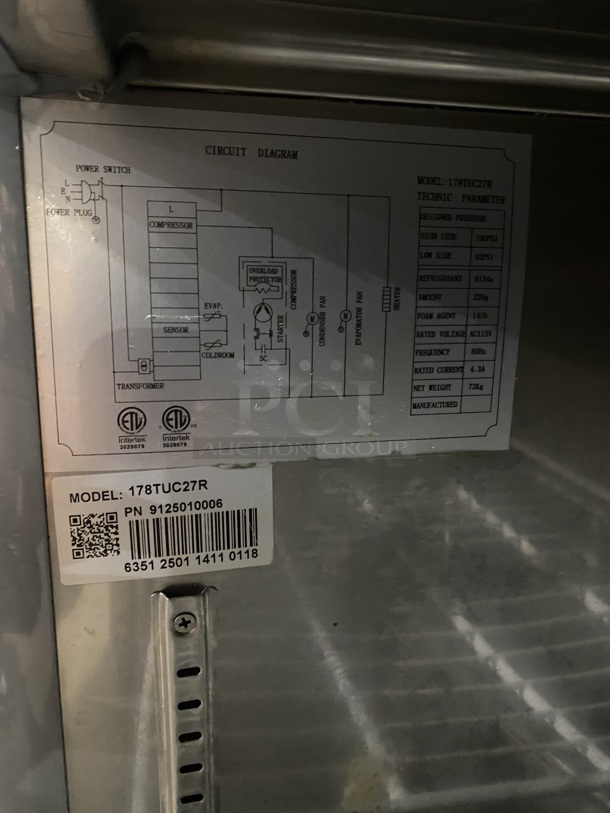 Avantco All Stainless Steel Lowboy/Worktop Cooler! MODEL:178TUC27R 115V SN:6351250114110118! Working When Removed! - Image 7 of 8