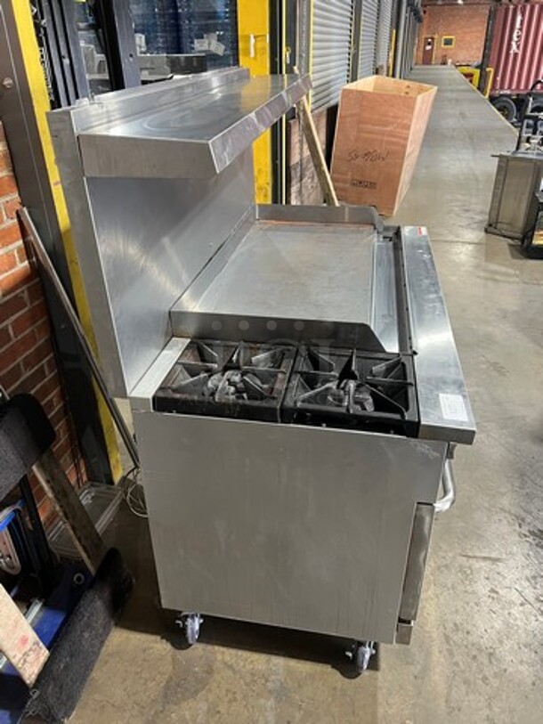 CPG Commercial LP Powered Flat Top Griddle Stove With Left Side 2 Burner! Griddle Has Side Splashes! With Raised Back Splash And Salamander Shelf! With 2 Oven Underneath! Metal Oven Racks! All Stainless Steel! On Casters! Model: S60G48L SN: 09227429 - Image 4 of 8