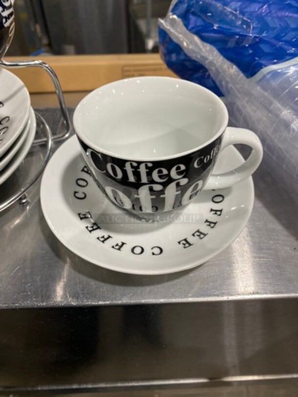 Black And White Coffee Mug Set! Includes Mug And Saucer Holder! MISSING 1 MUG! - Image 7 of 7