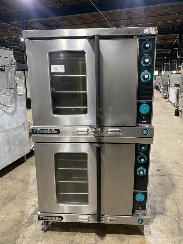 Sweet! Franklin Gas Powered Double Stacked 6/13 Series Convection Oven W/ One View Through &  Solid Doors! With Metal Oven Racks and Thermostatic Controls! On Commercial Casters! Working When Removed! 2 X Your Bid Makes One Unit! - Image 1 of 9