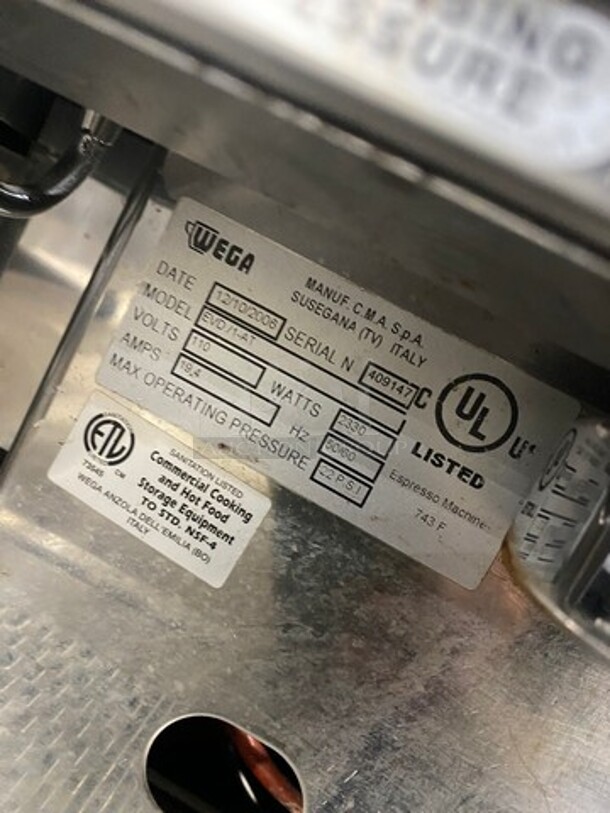 Wega Commercial Countertop Cappuccino/Espresso Machine! All Stainless Steel! Model: EVD1AT SN: 409147 110V - Image 9 of 11