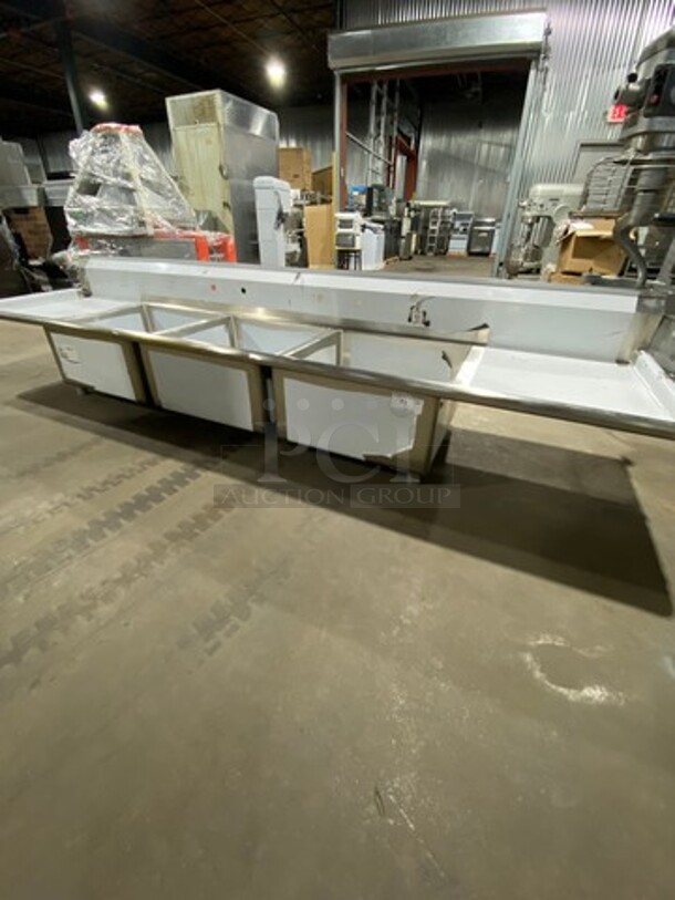 NEW! Elkay Commercial 3 Bay Dish Washing Sink! With Dual Side Drainboards! With Back Splash! All Stainless Steel! With Legs! - Image 1 of 9