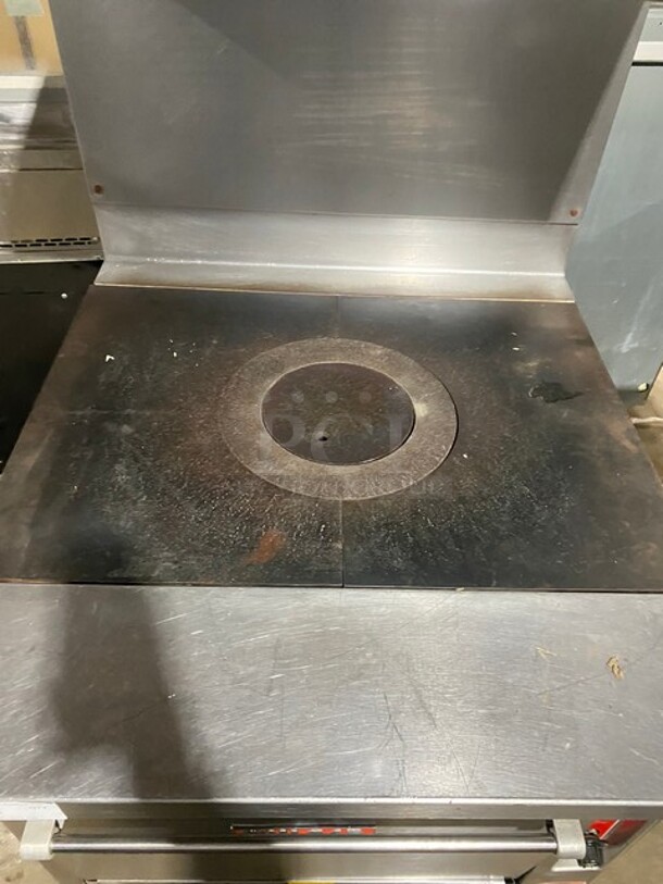 Vulcan Commercial French Top/ Hot Plate Stove! With Raised Back Splash With Double Overhead Shelf! With Oven Underneath! All Stainless Steel! On Legs! MODEL GH30 SN:481609310 - Image 5 of 11