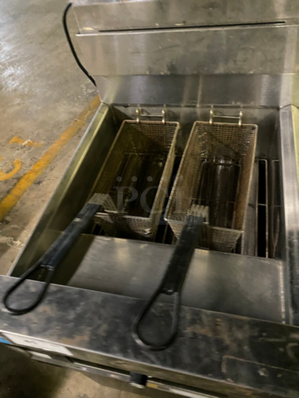 Frymaster Commercial Natural Gas Powered Deep Fat Fryer! With Side Dumping Station! With Back Splash! 2 Metal Frying Baskets! All Stainless Steel! On Casters! Model: 11814NSC SN: 1412PO0003 110/120V 60HZ 1 Phase - Image 7 of 11