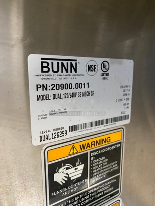 Bunn Commercial Countertop Dual Coffee Brewing Machine! With Hot Water Line! All Stainless Steel! On Small Legs! Model: DUAL SN: DUAL126259 120V 60HZ 1 Phase - Image 7 of 8