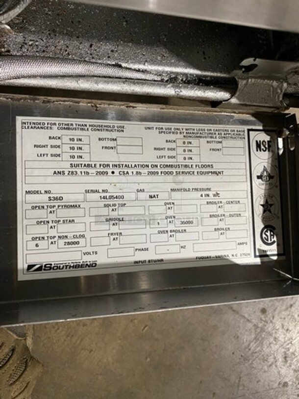 WOW! Southbend Commercial Natural Gas Powered 6 Burner Stove! With Raised Back Splash And Salamander Shelf! With Oven Underneath! All Stainless Steel! On Legs! Model: S36D SN: 14L05400 - Image 10 of 11
