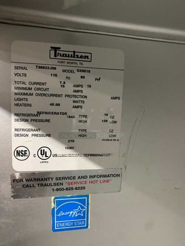 Traulsen Commercial 2 Door Reach In Refrigerator! With Poly Coated Racks! All Stainless Steel! On Casters! Model: G20010 SN: T36622J06! 115V 60HZ 1 Phase! - Image 7 of 9