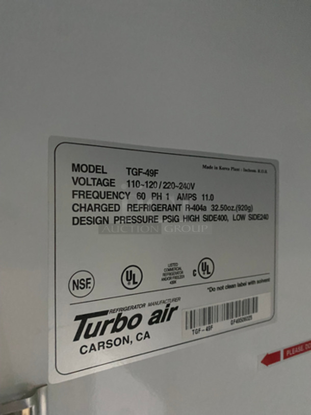 Turbo Air Commercial Refrigerated 2 Door Reach In Freezer Merchandiser! With View Through Doors! With Poly Coated Racks! Coated Stainless Steel Body! On Casters! Working When Removed! Model: TGF-49F SN: GF49506025 110-120/220-240V 60HZ 1 Phase - Image 8 of 10