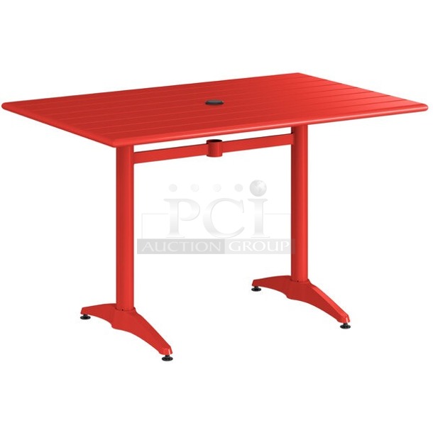 BRAND NEW SCRATCH & DENT! Lancaster Table & Seating 32" x 48" 427CAU3248RD Red Powder-Coated Aluminum Dining Height Outdoor Table with Umbrella Hole. In original packaging. Paint is lightly lightly scratched.  - Image 1 of 1