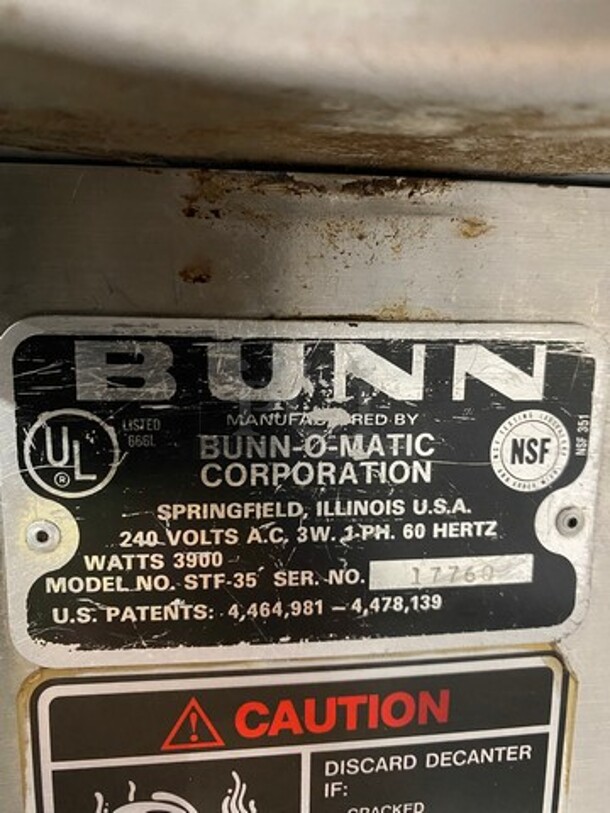 Bunn-O-Matic Commercial Countertop Coffee Brewing Machine! With Hot Water Line! With 3 Coffee Pot Warmers! All Stainless Steel! Model: STF35 SN: 17760 240V 60HZ 1 Phase - Image 5 of 8