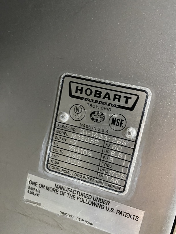 Hobart MG2032 Metal Commercial Floor Style Electric Powered Meat Mixer/Grinder w/ Foot Pedal on Commercial Casters! 3 Phase. MODEL:MG2032 SN:31-1433!
 - Image 9 of 10