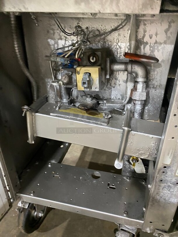 Frymaster Commercial Natural Gas Powered Deep Fat Fryer With Side Dumping Station! With Metal Frying Baskets! With Back Splash! All Stainless Steel! On Casters! Model: FM145ESC SN: 0204GH0013!
 - Image 9 of 12