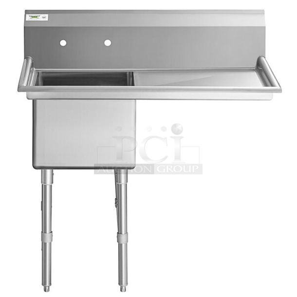BRAND NEW SCRATCH & DENT! Regency 44" 16-Gauge Stainless Steel One Compartment Commercial Sink with Stainless Steel Legs, Cross Bracing, and 1 Right Side Drainboard - 17" x 23" x 12" Bowl. - Sink Component Only. Unit is dented.  - Image 1 of 1