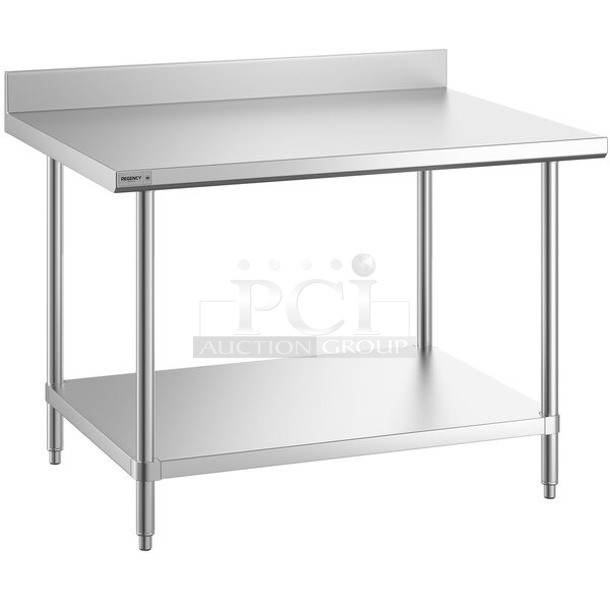 BRAND NEW SCRATCH & DENT! Regency 600TSSB3648S Spec Line 36" x 48" 14 Gauge Stainless Steel Commercial Work Table with 4" Backsplash and Undershelf. Packing is damaged.  - Image 1 of 3