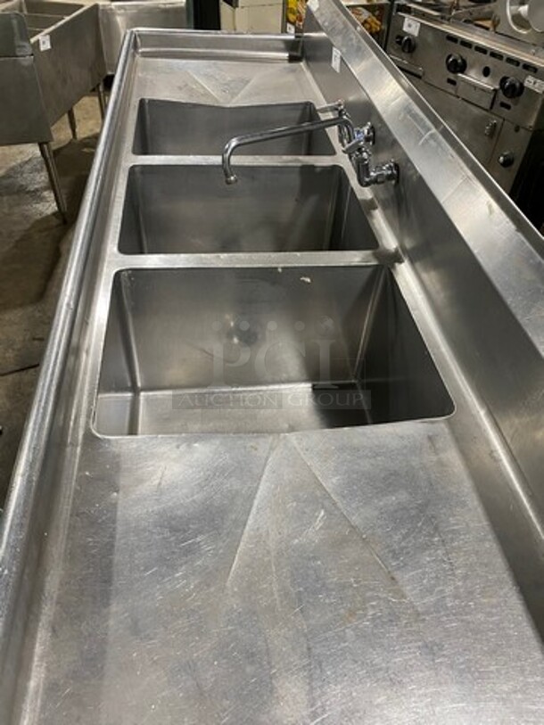 Aero Commercial 3 Compartment Dish Washing Sink! With Dual Side Drain Board! With Faucet And Handles! With Back Splash! All Stainless Steel! On Legs! - Image 7 of 9