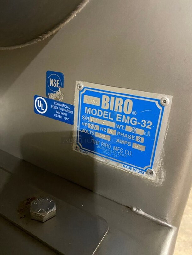 Nice! Biro Floor Style Meat Mixer/Grinder! Model EMG32 Serial 6878! 7.5 Horse Power! 208V 3PH! On Legs With Casters! - Image 8 of 9