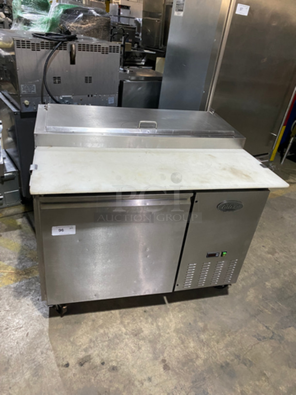 NICE! Entree Refrigerated Pizza Prep Table! With Cold Top! With Commercial Cutting Board! Single Door Storage Area Underneath! With Poly Coated Rack! All Stainless Steel! On Casters! Model: P47 SN: 1402ENTH04423 115V 60HZ 1 Phase