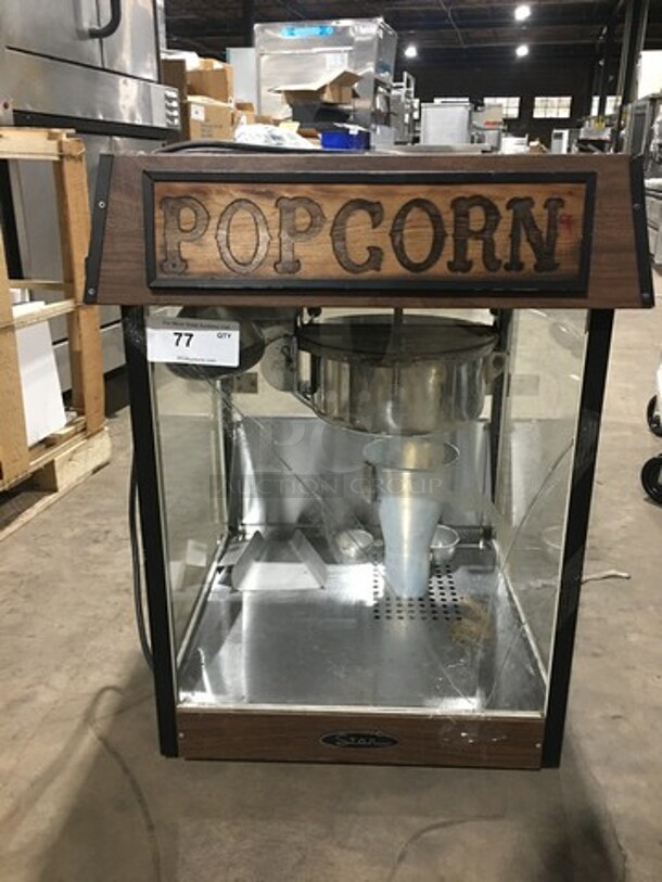 Star Commercial Countertop Popcorn Machine! Glass All Around Showcase Style! With Wooden Pattern Design! Model: 49D SN: 4901990 120V