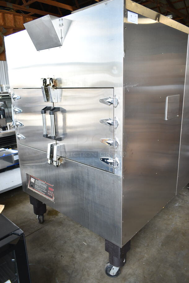 Southern Pride SP-750 Stainless Steel Commercial Floor Style Natural Gas Powered Smoker on Commercial Casters. 150,000 BTU.  - Image 3 of 10