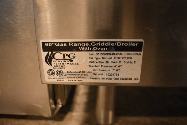 BRAND NEW! CPG S60-GS24-N Stainless Steel Commercial Natural Gas Powered 6 Burner Range w/ Flat Top Griddle, 2 Ovens, Over Shelf and Back Splash. 276,000 BTU. 60x33x60 - Image 8 of 10
