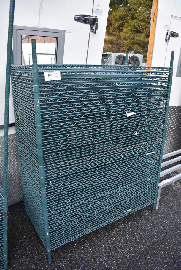 ALL ONE MONEY! Lot of 35 Green Finish Wire Shelves and 4 Poles. 48x24x1.5, 65 - Image 1 of 4