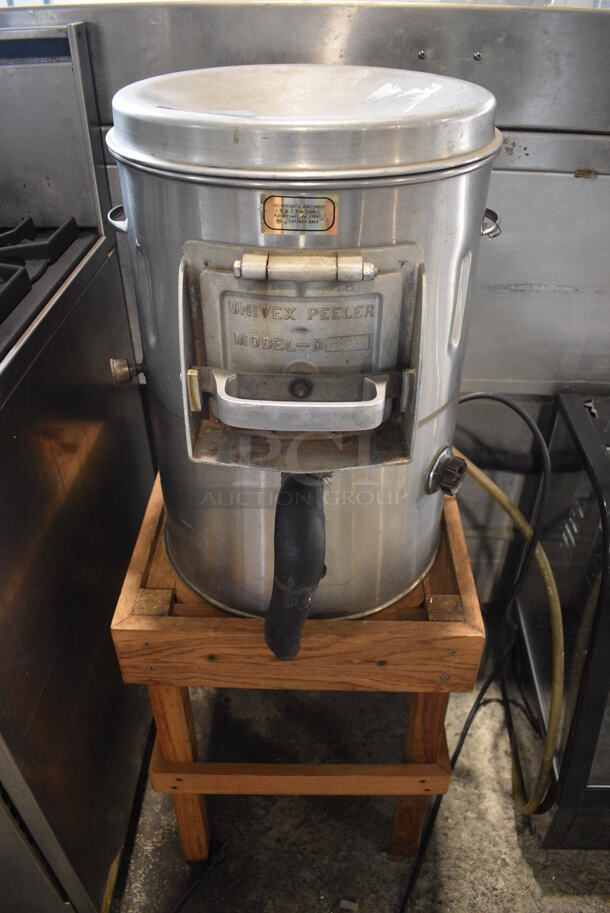 Univex Model D Metal Commercial Countertop Potato Peeler on Wooden Stand. 17x18x46. Tested and Working! - Image 1 of 6