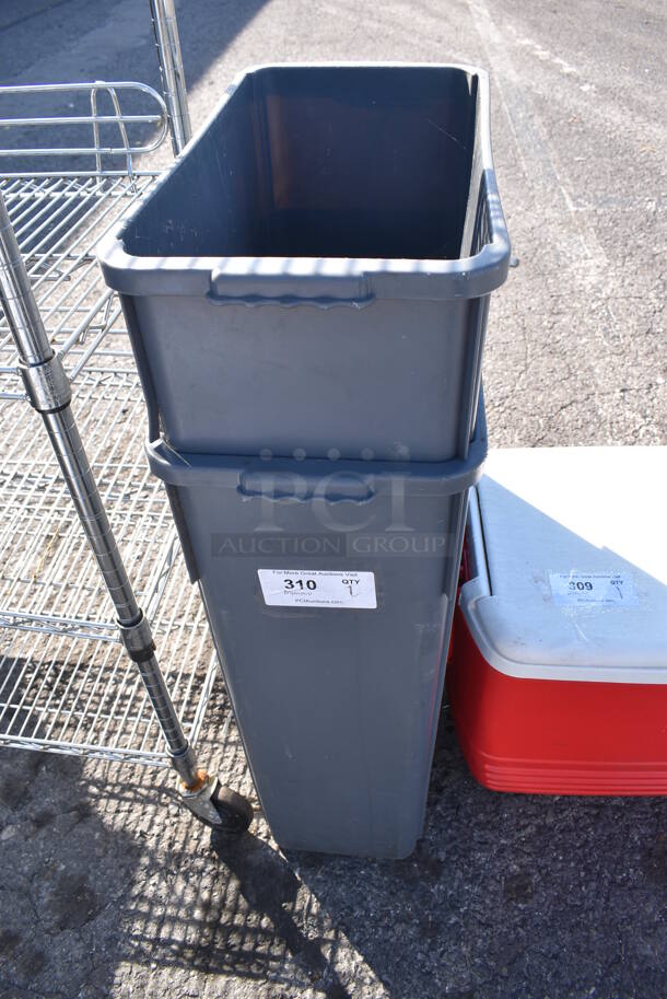 2 Gray Poly Slim Jim Trash Cans. 10x21x30. 2 Times Your Bid!