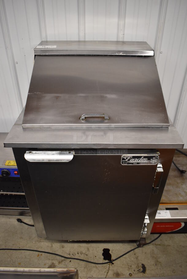 2012 Leader LM27 S/C Stainless Steel Commercial Sandwich Salad Prep Table Bain Marie Mega Top on Commercial Casters. 115 Volts, 1 Phase. 27x27x46. Tested and Powers On But Does Not Get Cold