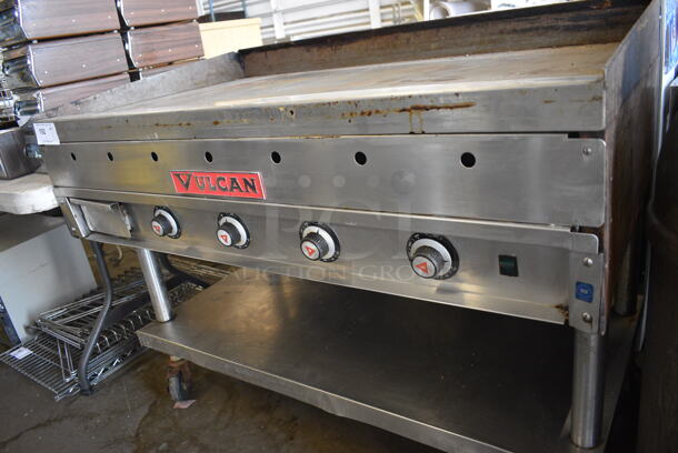 Vulcan Stainless Steel Commercial Gas Powered Flat Top Griddle w/ Thermostatic Controls and Under Shelf on Commercial Casters. 48x31x38 - Image 7 of 8