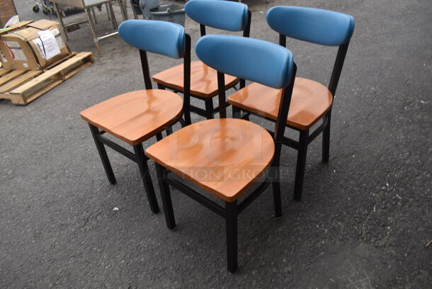 4 Chairs With Black Frame, Wood Style Seat And Blue Cushioned Stretcher. 4 Times Your Bid! Cosmetic Condition May Vary. - Image 3 of 3