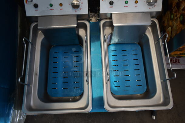BRAND NEW SCRATCH AND DENT! Cooking Performance Group CPG DF-18-2 Stainless Steel Commercial Floor Style Electric Powered Double Bay Deep Fat Fryer w/ 2 Metal Fry Baskets. 208-240 Volts. Tested and Working! - Image 6 of 8