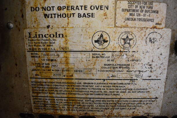 3 Lincoln Impinger Model 1600-015-AL Stainless Steel Commercial Natural Gas Powered Conveyor Pizza Oven on Commercial Casters. Bottom Oven Does Not Have Conveyor Belt. 110,000 BTU. 82x61x66. 3 Times Your Bid! - Image 6 of 9