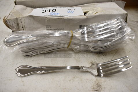 24 BRAND NEW IN BOX! Winco 0039-05 Stainless Steel Chantelle Dinner Forks. 7.5". 24 Times Your Bid!