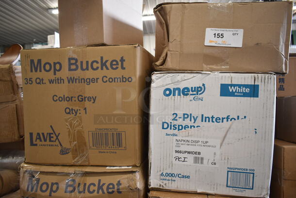 PALLET LOT of 40 BRAND NEW Boxes Including 2 Box 795PTOKFT1 Choice 4 5/8" x 3 1/2" x 2 1/2" Kraft Microwavable Folded Paper #1 Take-Out Container - 450/Case, 795PTOKFT3 Choice Kraft Microwavable Folded Paper #3 Take-Out Container 7 3/4" x 5 1/2" x 2 1/2" - 200/Case, 2 Box 500TW12 Choice 12 oz. Translucent Thin Wall Plastic Cold Cup - 1000/Case, 966UPWIDEB-500 OneUp Choice White Dispenser Napkin, 274MOPBCKTGY Lavex 35 Qt. Gray Mop Bucket & Side Press Wringer Combo, 129MCR32B Choice 32 oz. Black Round Microwavable Heavy Weight Container with Lid 7 1/4" - 150/Case, 1500100 Kari-Out Company 1/2 lb. Square Glassine Bag - 1000/Case, 3 Box 1/2 LB Glassine Bags, 433NHTBIO EcoChoice 1/6 Standard Size Biodegradable Standard-Duty Plastic T-Shirt Bag - 500/Case, 394403L Noble Large Gloves. 40 Times Your Bid! - Image 2 of 6