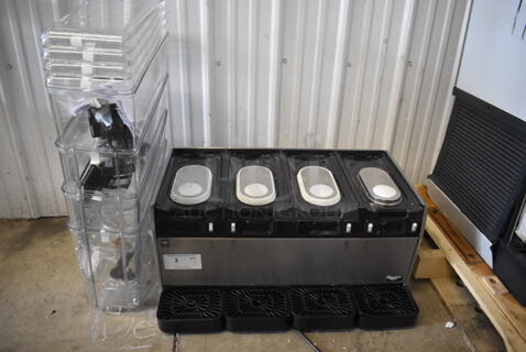 BRAND NEW SCRATCH AND DENT! Vollrath VBBE4-37-S Stainless Steel Commercial Countertop Quadruple 5.28 Gallon Bowl Refrigerated Beverage Dispenser with Stirring Paddle Circulation. 115 Volts, 1 Phase. Hoppers Are Stuck Together. Tested and Powers On