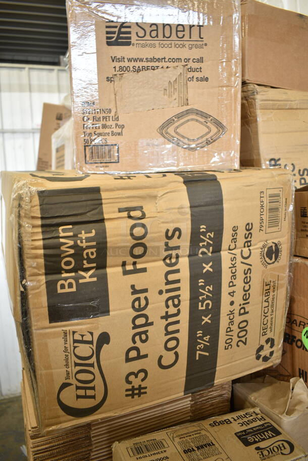 PALLET LOT of 37 BRAND NEW Boxes Including Dart 205HT1 White Foam Take Out Container with Perforated Hinged Lid 9" x 6" x 3" - 200/Case, 7072318PP Sabert Mozaik 17 1/2" x 6 1/2" White Plastic Platter / Catering Tray - 25/Case, 4 Box 394345XL Noble NexGen Powder-Free Disposable Black Hybrid 3 Mil Thick Gloves - Extra Large - 1000/Case, 129MCR24B Choice 24 oz. Black Round Microwavable Heavy Weight Container with Lid 7 1/4" - 150/Case, 129MCS28B Choice 28 oz. Black Rectangular Microwavable Heavy Weight Container with Lid 8 3/4" x 6 1/4" x 1 3/4" - 150/Case, 130WFORKWP Choice Individually Wrapped Medium Weight White Plastic Fork - 1000/Case, 433NHT10 Choice 1/6 Standard Size White "Thank You" Medium-Duty Plastic T-Shirt Bag - 1000/Case, 795PTOKFT3 Choice Kraft Microwavable Folded Paper #3 Take-Out Container 7 3/4" x 5 1/2" x 2 1/2" - 200/Case, 795PTOKFT2 Choice Kraft Microwavable Folded Paper #2 Take-Out Container 7 3/4" x 5 1/2" x 1 7/8" - 200/Case, 433W1657SACK Choice 1/6 57# White Heavy-Duty Paper Barrel Sack - 500/Case, 500CC12 Choice Clear PET Customizable Plastic Cold Cup - 12 oz. - 1000/Case, 50016W Choice 16 oz. White Poly Paper Hot Cup - 1000/Case, 70780HL Sabert Catering Pop-Top 10 3/4" Square Clear PET Hinged Lid for 80 oz. Square Bowls - 50/Case, 442BOX8CUBE Lavex 8" x 8" x 8" Kraft Corrugated RSC Shipping Box - 25/Bundle, 3 Box 128HD12COMBO ChoiceHD 12 oz. Microwavable Translucent Plastic Deli Container and Lid Combo Pack - 240/Case, 4619993HS Metro 9993HS Equivalent 3 1/2" Stainless Steel Foot Plate. 37 Times Your Bid! - Image 7 of 12