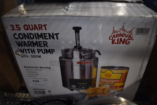 BRAND NEW IN BOX! Carnival King 382RWS35 Stainless Steel Commercial Countertop Condiment Warmer w/ Pump. 120 Volts, 1 Phase. 8x16x17. Tested and Working! - Image 6 of 7