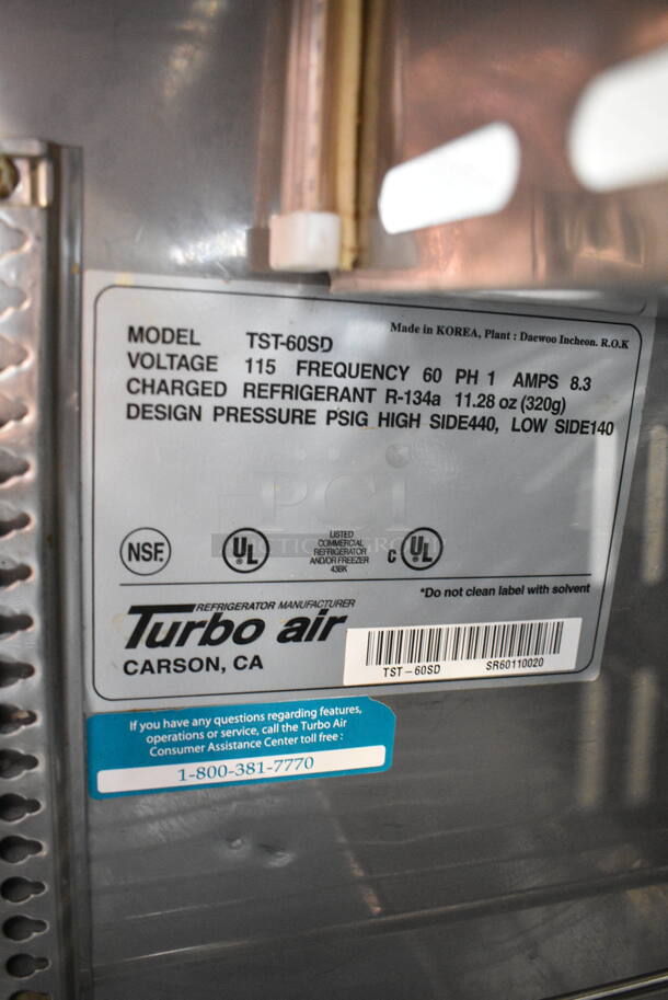 Turbo Air TST-60SD Stainless Steel Commercial Sandwich Salad Prep Table Bain Marie Mega Top on Commercial Casters. 115 Volts, 1 Phase. Tested and Powers On But Does Not Get Cold - Image 7 of 7