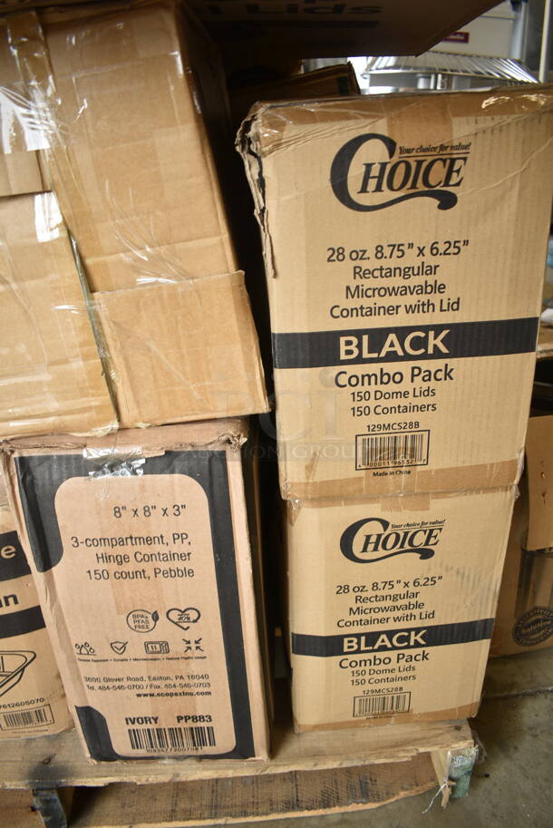 PALLET LOT of 26 BRAND NEW Boxes Including 347RPBD10WHS Visions 10" White Plastic Plate with Silver Bands - 120/Case, 5014046XXH Lavex Pro 45 Gallon 3 Mil 40" x 46" Low Density Heavy-Duty Industrial Contractor Black Trash Bag / Can Liner - 50/Case, 612605070 Choice Full Size Foil Steam Table Pan Deep 3 3/8" Depth - Full Size Deep - 50/Case, 500CC16 Choice Clear PET Customizable Plastic Cold Cup - 16 oz. - 1000/Case, 2 Box 129MCS28B Choice 28 oz. Black Rectangular Microwavable Heavy Weight Container with Lid 8 3/4" x 6 1/4" x 1 3/4" - 150/Case, 500L1020B Choice Black Hot Paper Cup Travel Lid for 10-24 oz. Standard Cups and 8 oz. Squat Cups - 1000/Case, 9CPWCR Dart 9" 3 Compartment White Non-Laminated Round Foam Plate - 500/Case, 5014347HVY Hercules Trash Bags, 999P400C Choice 4 oz. Clear Plastic Souffle Cup / Portion Cup - 100/Pack, 600WS1236 Regency 18 Gauge Stainless Steel 12" x 36" Solid Wall Shelf, 795PTOKFT8 Choice Kraft Microwavable Folded Paper #8 Take-Out Container 6" x 4 3/4" x 2 1/2" - 300/Case, 966TALLFLDB Choice White Tall-Fold 6" x 13" Dispenser Napkin - 8000/Case. 26 Times Your Bid!  - Image 4 of 12